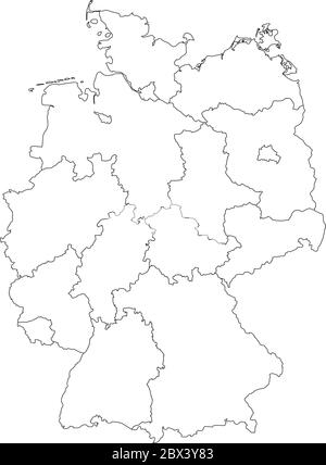 La mappa della Germania si è deviata a 13 stati federali e a 3 città-stati - Berlino, Brema e Amburgo, Europa. Semplice mappa vettoriale bianca piatta con contorni neri. Illustrazione Vettoriale