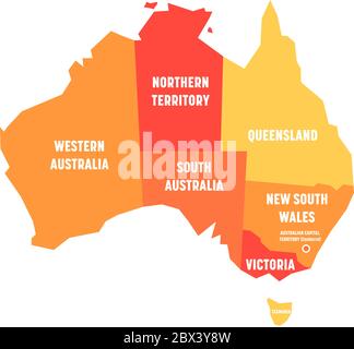 Mappa semplificata dell'Australia divisa in stati e territori. Mappa piatta arancione con etichette bianche. Illustrazione vettoriale. Illustrazione Vettoriale