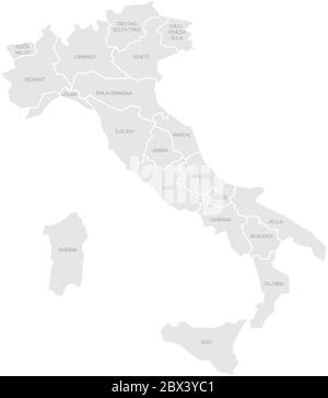 Mappa dell'Italia divisa in 20 regioni amministrative. Terra grigia, bordi bianchi ed etichette nere. Semplice illustrazione vettoriale piatta. Illustrazione Vettoriale