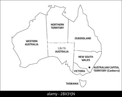 Mappa semplificata dell'Australia divisa in stati e territori. Mappa con contorno nero con etichette. Illustrazione Vettoriale