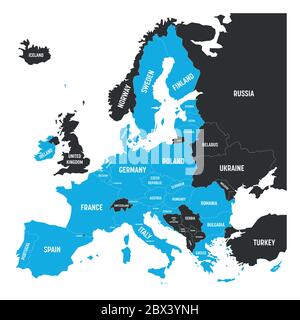 Mappa politica dell’Europa con il blu ha evidenziato 27 stati membri dell’Unione europea, UE, dopo la brexit nel 2020. Semplice illustrazione vettoriale piatta. Illustrazione Vettoriale