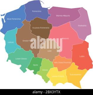 Voivodati della Polonia. Mappa delle divisioni amministrative regionali. Illustrazione vettoriale colorata. Illustrazione Vettoriale