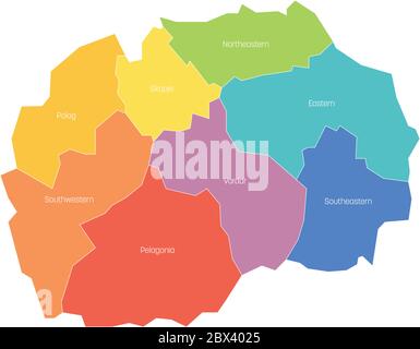 Regioni statistiche della Macedonia settentrionale. Mappa delle divisioni amministrative regionali. Illustrazione vettoriale colorata. Illustrazione Vettoriale