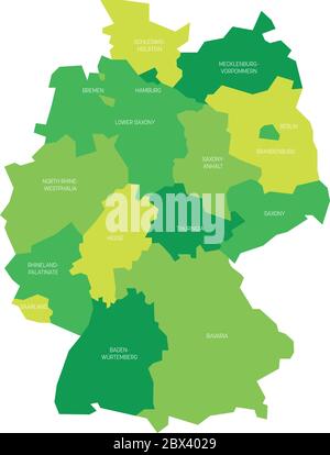 La mappa della Germania si è deviata a 13 stati federali e a 3 città-stati - Berlino, Brema e Amburgo, Europa. Semplice mappa vettoriale piatta in tonalità di verde. Illustrazione Vettoriale