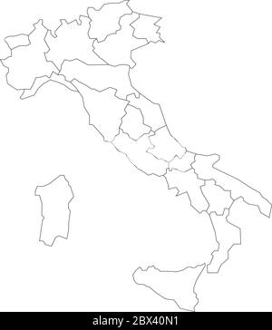 Mappa dell'Italia divisa in 20 regioni amministrative. Terra bianca e bordi neri. Semplice illustrazione vettoriale piatta. Illustrazione Vettoriale