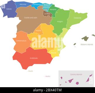 Divisioni politiche della Spagna. Mappa delle divisioni amministrative regionali. Illustrazione vettoriale colorata. Illustrazione Vettoriale