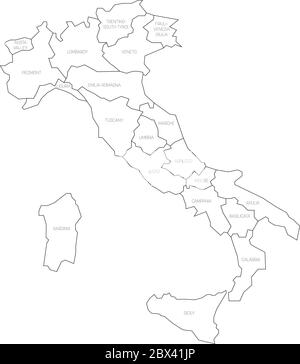 Mappa dell'Italia divisa in 20 regioni amministrative. Terra bianca, bordi neri ed etichette nere. Semplice illustrazione vettoriale piatta. Illustrazione Vettoriale