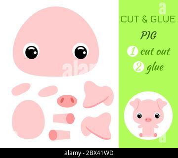 Tagliare e incollare il maiale che siede il bambino. Gioco di applicazione carta a colori. Gioco di carta educativo per bambini prescolare. Animale domestico. Personaggio cartoon. Piatto v Illustrazione Vettoriale