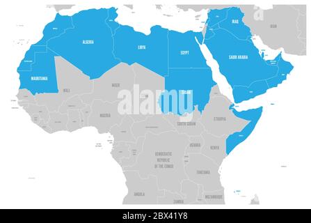 Mappa politica degli stati del mondo arabo con 22 paesi di lingua araba illuminati. Africa settentrionale e Medio Oriente. Illustrazione vettoriale. Illustrazione Vettoriale