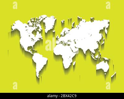 Mappa vettoriale bianca del mondo. Design moderno e piatto con una lunga ombra isolata su sfondo verde. Illustrazione Vettoriale