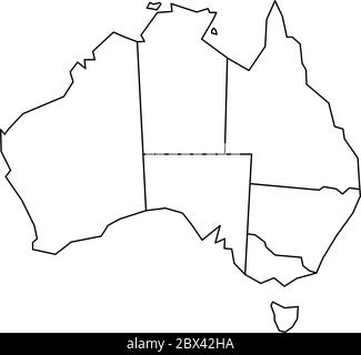 Mappa cieca dell'Australia divisa in stati e territori. Mappa bianca piatta con bordi neri su sfondo bianco. Illustrazione Vettoriale