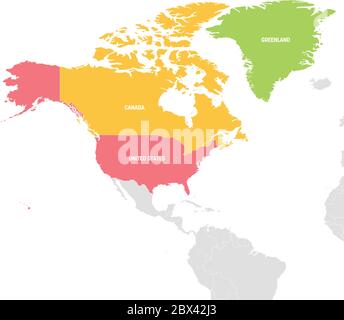 Regione Nord America. Mappa colorata dei paesi del Nord America. Illustrazione vettoriale. Illustrazione Vettoriale