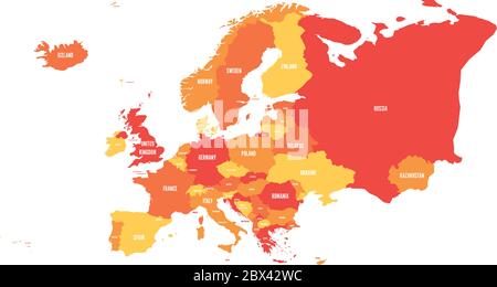 Mappa politica del continente europeo in quattro tonalità di arancio con etichette bianche e isolate su sfondo bianco. Illustrazione vettoriale. Illustrazione Vettoriale