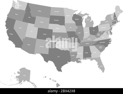 Mappa politica degli Stati Uniti d'America, USA. Semplice mappa vettoriale piatta in quattro tonalità di grigio con etichette bianche sui nomi di stato su sfondo bianco. Illustrazione Vettoriale