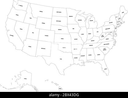 Mappa politica degli Stati Uniti d'America, USA. Semplice mappa vettoriale a contorno nero piatto con etichette nere su sfondo bianco. Illustrazione Vettoriale