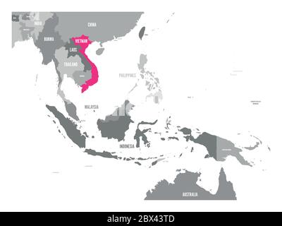 Mappa vettoriale del Vietnam. Rosa evidenziato nella regione del Sud-est asiatico. Illustrazione Vettoriale