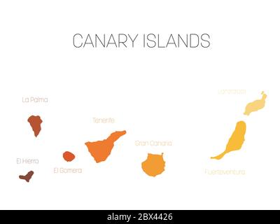 Mappa delle Isole Canarie, Spagna, con etichette di ogni isola - El Hierro, la Palma, la Gomera, Tenerife, Gran Canaria, Fuerteventura e Lanzarote. Silhouette vettoriale su sfondo bianco. Illustrazione Vettoriale