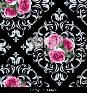 Modello senza soluzione di continuità con i riccioli di argento e le rose Foto Stock