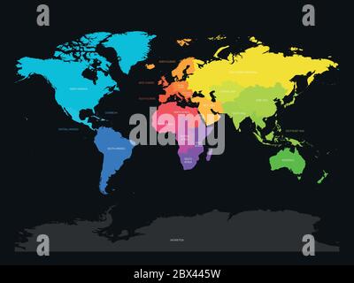 Mappa colorata del mondo divisa in regioni su sfondo grigio scuro. Semplice illustrazione vettoriale piatta. Illustrazione Vettoriale