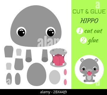 Tagliare e incollare il bambino seduto ippopotamo. Gioco di applicazione carta a colori. Gioco di carta educativo per bambini prescolare. Animale africano. Personaggio cartoon. Piatto Illustrazione Vettoriale