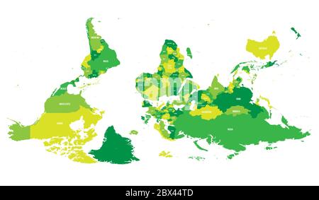 Mappa politica del mondo invertita o capovolta. Orientamento sud-up. Illustrazione vettoriale. Illustrazione Vettoriale