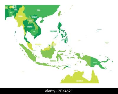 Mappa del Sud-est asiatico. Mappa vettoriale in sfumature di verde. Illustrazione Vettoriale