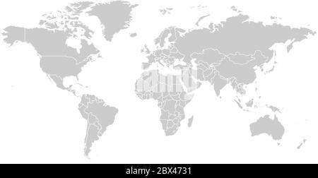 Mappa del mondo in grigio su sfondo bianco. Mappa politica vuota in alto dettaglio. Illustrazione vettoriale con percorso composto etichettato di ciascun paese. Illustrazione Vettoriale