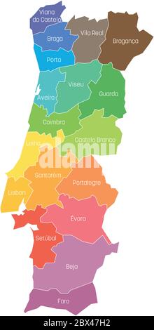 Distretti del Portogallo. Mappa delle divisioni amministrative regionali. Illustrazione vettoriale colorata. Illustrazione Vettoriale