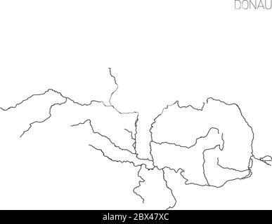 Mappa del bacino idrografico del fiume Donau. Semplice illustrazione vettoriale a contorno sottile. Illustrazione Vettoriale