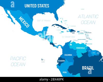 Mappa America Centrale - colore verde su sfondo scuro. Mappa politica dettagliata della regione dell'America centrale e dei Caraibi con l'etichettatura dei nomi di paesi, capitali, oceani e mari. Illustrazione Vettoriale