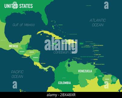 Mappa America Centrale - colore verde su sfondo scuro. Mappa politica dettagliata della regione dell'America centrale e dei Caraibi con l'etichettatura dei nomi di paesi, capitali, oceani e mari. Illustrazione Vettoriale