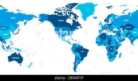 Mappa del mondo - America centrata. Tonalità verde colorata su sfondo scuro. Mappa politica dettagliata del mondo con l'etichettatura dei nomi di paese, capitale, oceano e mare. Illustrazione Vettoriale