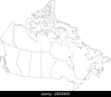 Mappa del Canada divisa in 10 province e 3 territori. Regioni amministrative del Canada. Mappa bianca vuota con contorno nero. Illustrazione vettoriale. Illustrazione Vettoriale