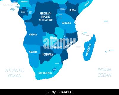 Mappa del Sud Africa - tonalità verde su sfondo scuro. Mappa politica dettagliata della regione dell'africa meridionale con l'etichettatura dei nomi di paesi, capitali, oceani e mari. Illustrazione Vettoriale