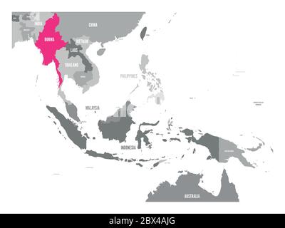 Mappa vettoriale della Birmania o del Myanmar. Rosa evidenziato nella regione del Sud-est asiatico. Illustrazione Vettoriale