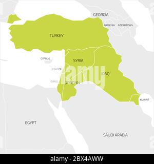Mappa della regione transcontinentale del Medio Oriente o del Vicino Oriente con evidenziato in verde Turchia, Siria, Iraq, Giordania, Libano e Israele. Mappa piatta con bordi bianchi sottili. Illustrazione Vettoriale