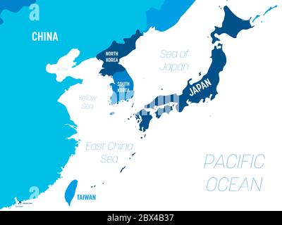 Mappa Asia orientale - colore verde su sfondo scuro. Mappa politica dettagliata della regione orientale con l'etichettatura dei nomi di paesi, capitali, oceani e mari. Illustrazione Vettoriale