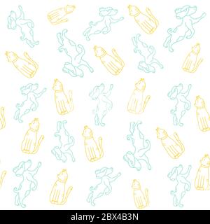 Modello senza giunture animale. Animali Animali cane blu e gatto giallo. Contorno. Può essere utilizzato per baby, design moda, camicie, stampa moda, moda, t-shirt, packagi Illustrazione Vettoriale