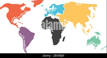 Mappa mondiale multicolore divisa in sei continenti in diversi colori: Nord America, Sud America, Africa, Europa, Asia e Australia Oceania. Mappa vettoriale di silhouette semplificata con etichette dei nomi dei continenti curve da bordi. Illustrazione Vettoriale