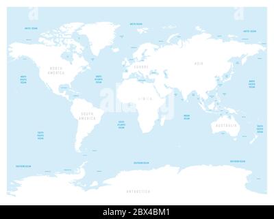 Mappa dettagliata del mondo. Con etichette di oceani principali, mari, golfi, baie e stretti. Mappa vettoriale con terre bianche e acque blu. Illustrazione Vettoriale