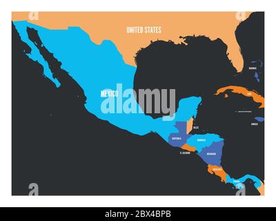 Mappa politica dell'America Centrale e del Messico in quattro colori. Semplice illustrazione vettoriale piatta. Illustrazione Vettoriale