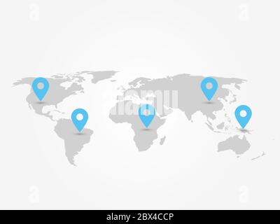 Mappa del mondo con puntatori di navigazione. Infografiche della mappa grigia con puntini blu. Illustrazione vettoriale. Illustrazione Vettoriale