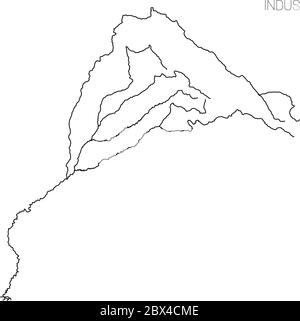Mappa del bacino idrografico dell'Indo. Semplice illustrazione vettoriale a contorno sottile. Illustrazione Vettoriale