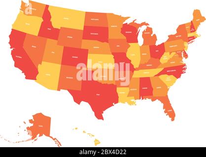 Mappa degli Stati Uniti d'America, USA, in quattro tonalità di arancio e rosso con etichette bianche. Semplice illustrazione vettoriale piatta isolata su sfondo bianco. Illustrazione Vettoriale