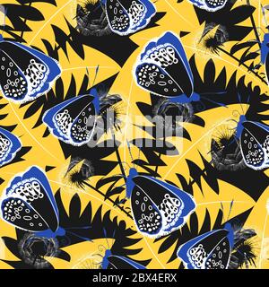 Colorato motivo floreale senza giunture con farfalla e fiori di dente di leone e foglie su sfondo giallo. Vettore stock Illustrazione Vettoriale