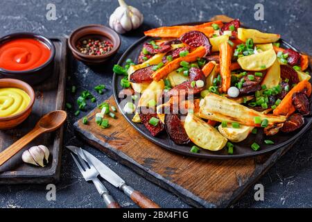 primo piano di barbabietole grigliate, spicchi di patate, pastinache, carote cosparse di cipolla verde tagliata su un asse di legno con ketchup, senape, terra Foto Stock