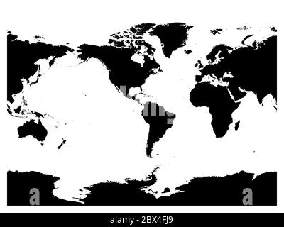 Mappa del mondo centrata sull'America. Silhouette nera con dettagli elevati su sfondo bianco. Illustrazione vettoriale. Illustrazione Vettoriale