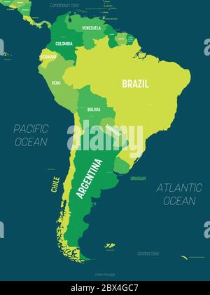 Mappa del Sud America - colore verde su sfondo scuro. Mappa politica dettagliata del continente sudamericano con l'etichettatura dei nomi di paese, capitale, oceano e mare. Illustrazione Vettoriale