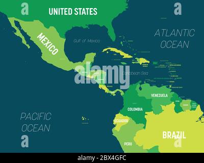 Mappa America Centrale - colore verde su sfondo scuro. Mappa politica dettagliata della regione dell'America centrale e dei Caraibi con l'etichettatura dei nomi di paesi, capitali, oceani e mari. Illustrazione Vettoriale