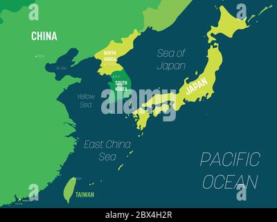 Mappa Asia orientale - colore verde su sfondo scuro. Mappa politica dettagliata della regione orientale con l'etichettatura dei nomi di paesi, capitali, oceani e mari. Illustrazione Vettoriale